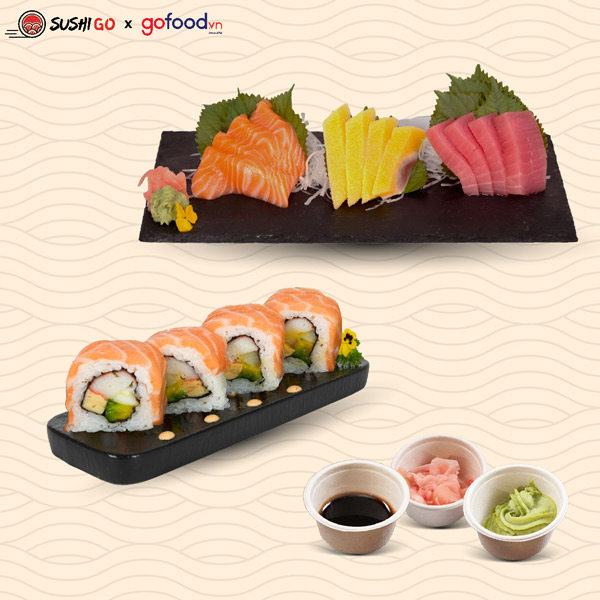 Combo 4 miếng maki phủ cá hồi và Sashimi mix 2