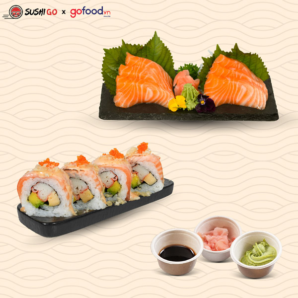 Combo 4 miếng maki tôm tempura phủ cá hồi và Sashimi cá hồi