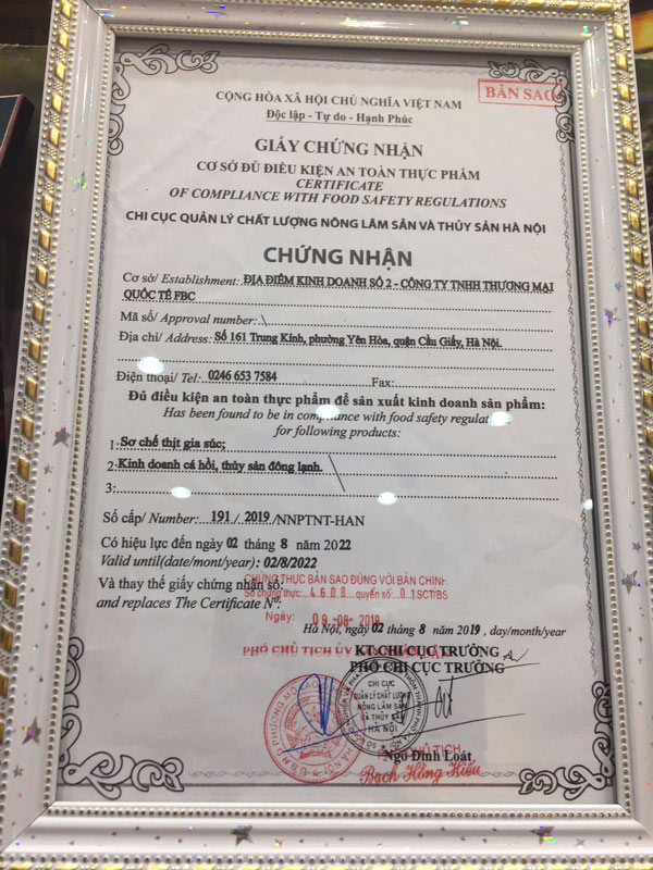 Giấy chứng nhận vệ sinh an toàn thực phẩm cơ sở Gofood Trung Kính