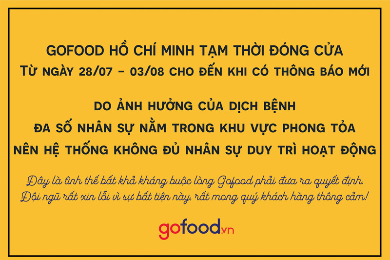 Gofood Hồ Chí Minh tạm thời đóng cửa
